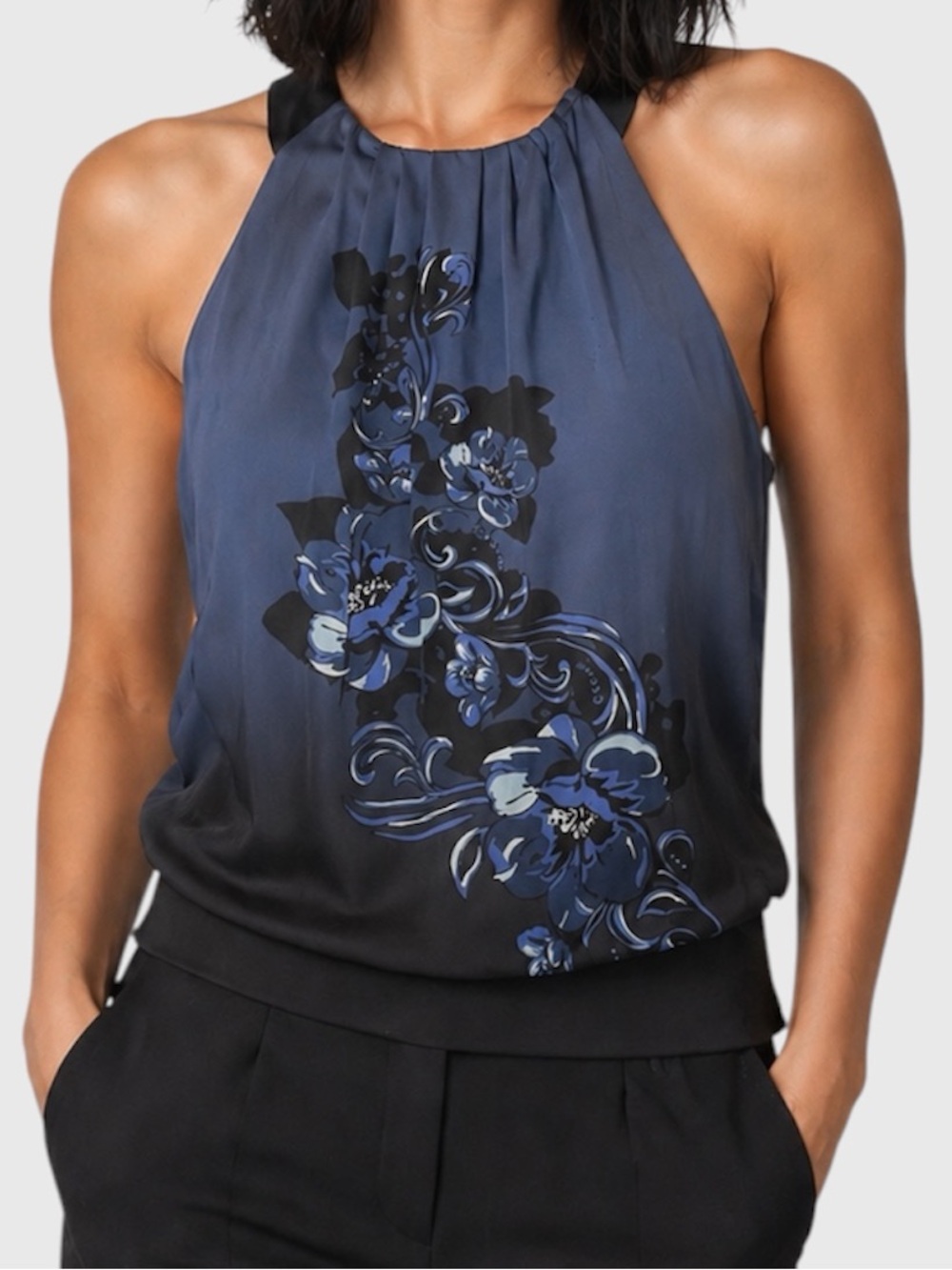 White House Black Market Mixed Media Cobalt Ombré Floral Halter Blouse Size M